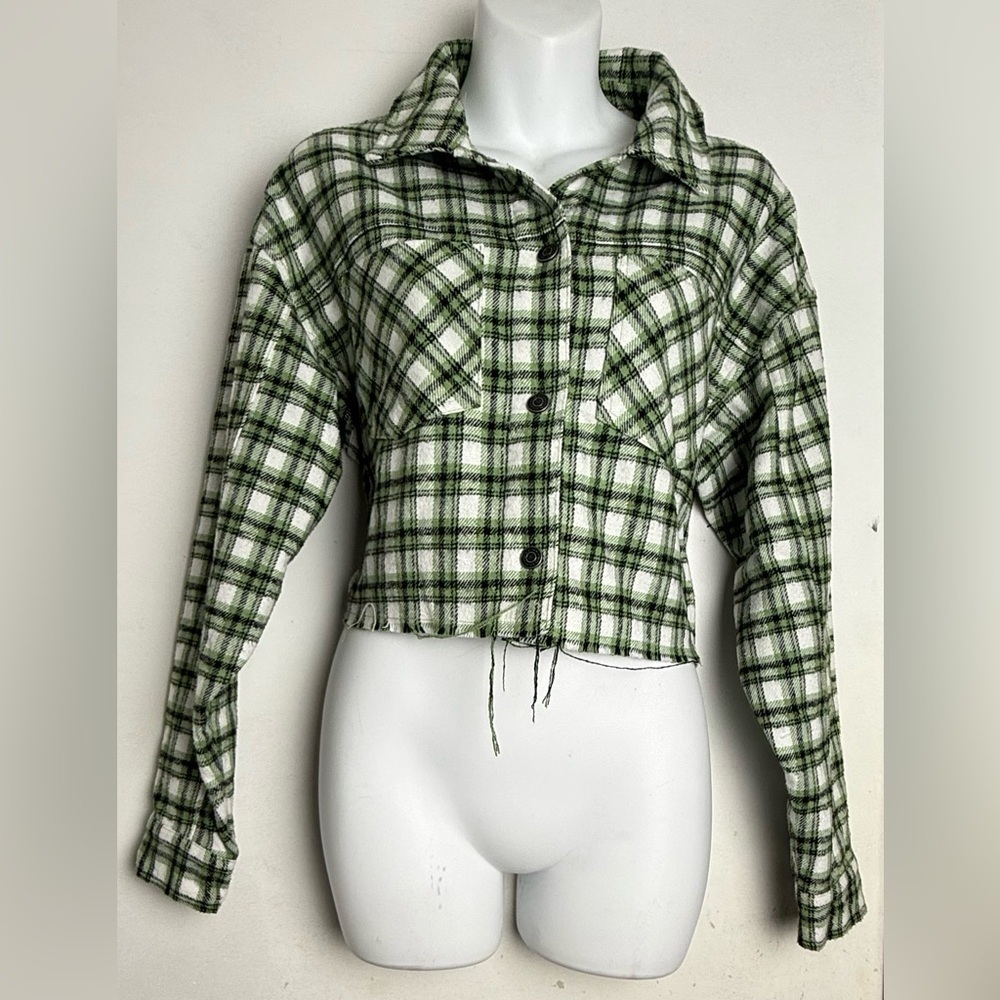 RSQ Green Plaid Cropped Shirt